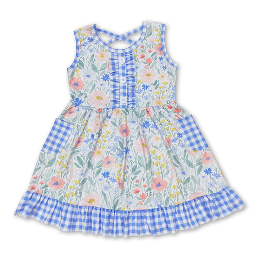 Sleeveless blue plaid pockets floral girls dresses