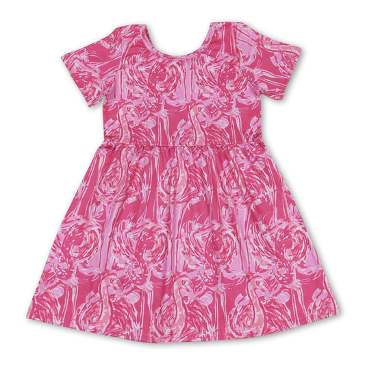 Short sleeves hot pink watercolor flamingo girls summer dress