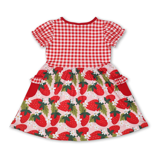 Red plaid short sleeves strawberry baby girls dresses