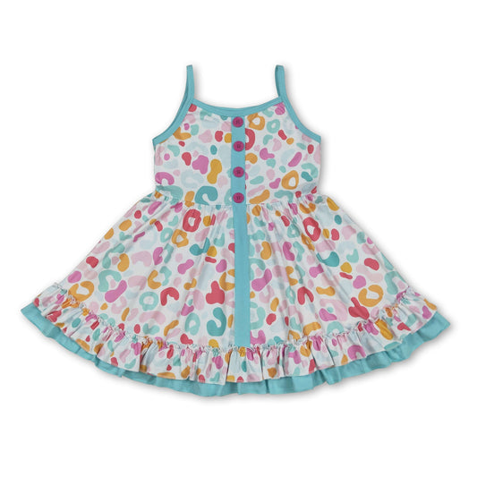 Straps leopard ruffle kids girls summer dresses
