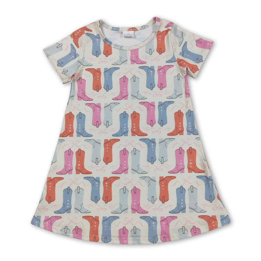 Short sleeves boots bow western kids girls dress