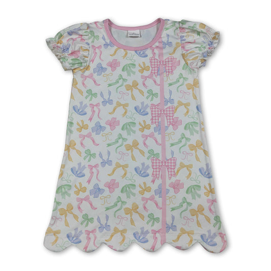 Short sleeves colorful bows scallop girls summer dress