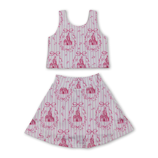 Pink stripe castle crop top bow skirt girls summer active set