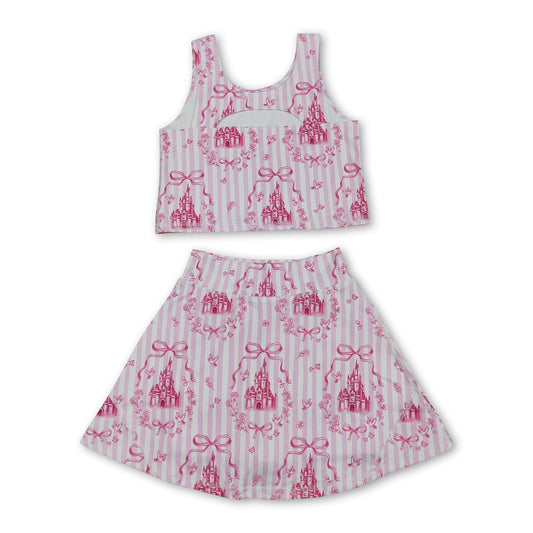 Pink stripe castle crop top bow skirt girls summer active set