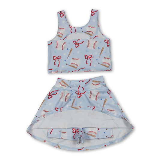 Sleeveless baseball bow kids girls summer activewear set