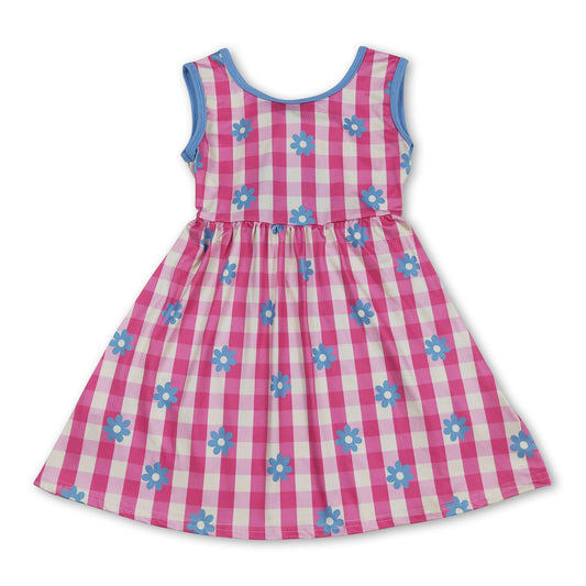 Hot pink plaid floral sleeveless kids girls dresses