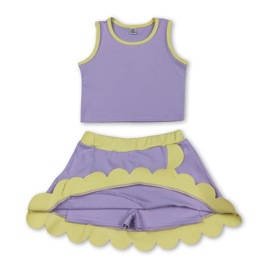 Sleeveless lavender yellow scallop kids girls active wear set
