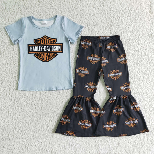 Short sleeve motor bell bottom pants kids girls cool set