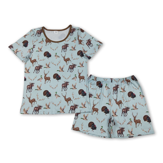 Short sleeves deer turkey duck top shorts adult men pajamas set