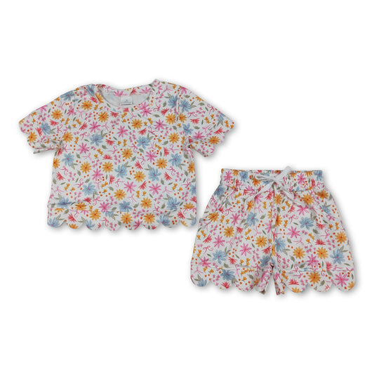 Short sleeves floral bow scallop kids girls summer outfits