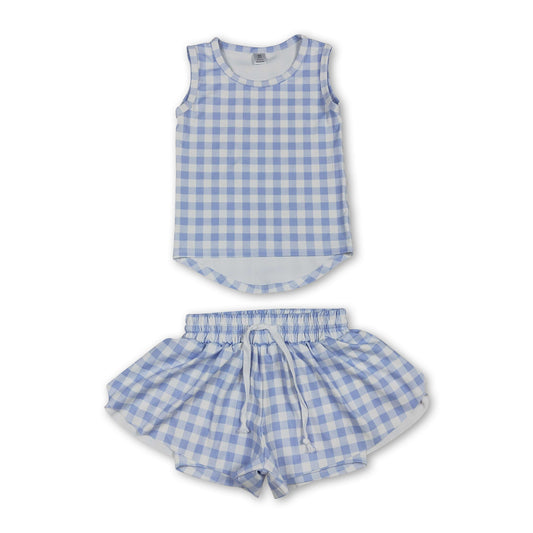Sleeveless blue plaid top shorts girls active wear set