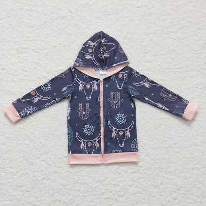 Bull skull feather zipper hoodie girls western jacket