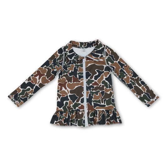 Long sleeves brown camo ruffle zipper girls yoga top