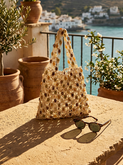 Artisanal Handwoven Gem Bead Crochet Tote Bag