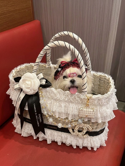 Black and White Lace Pet Carrier Basket