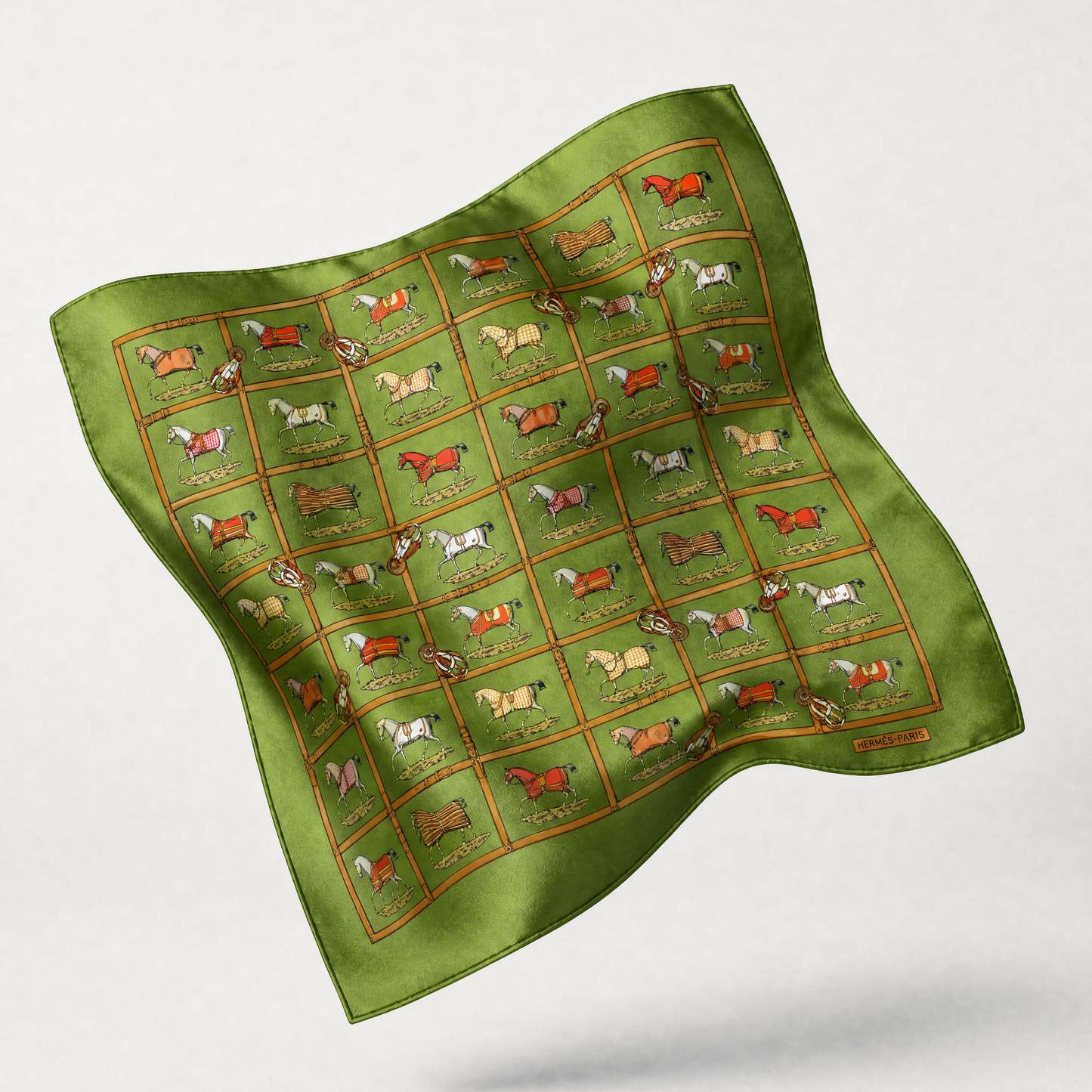 Petites Chevaux Green Tartan Vintage Silk Scarf Pillows