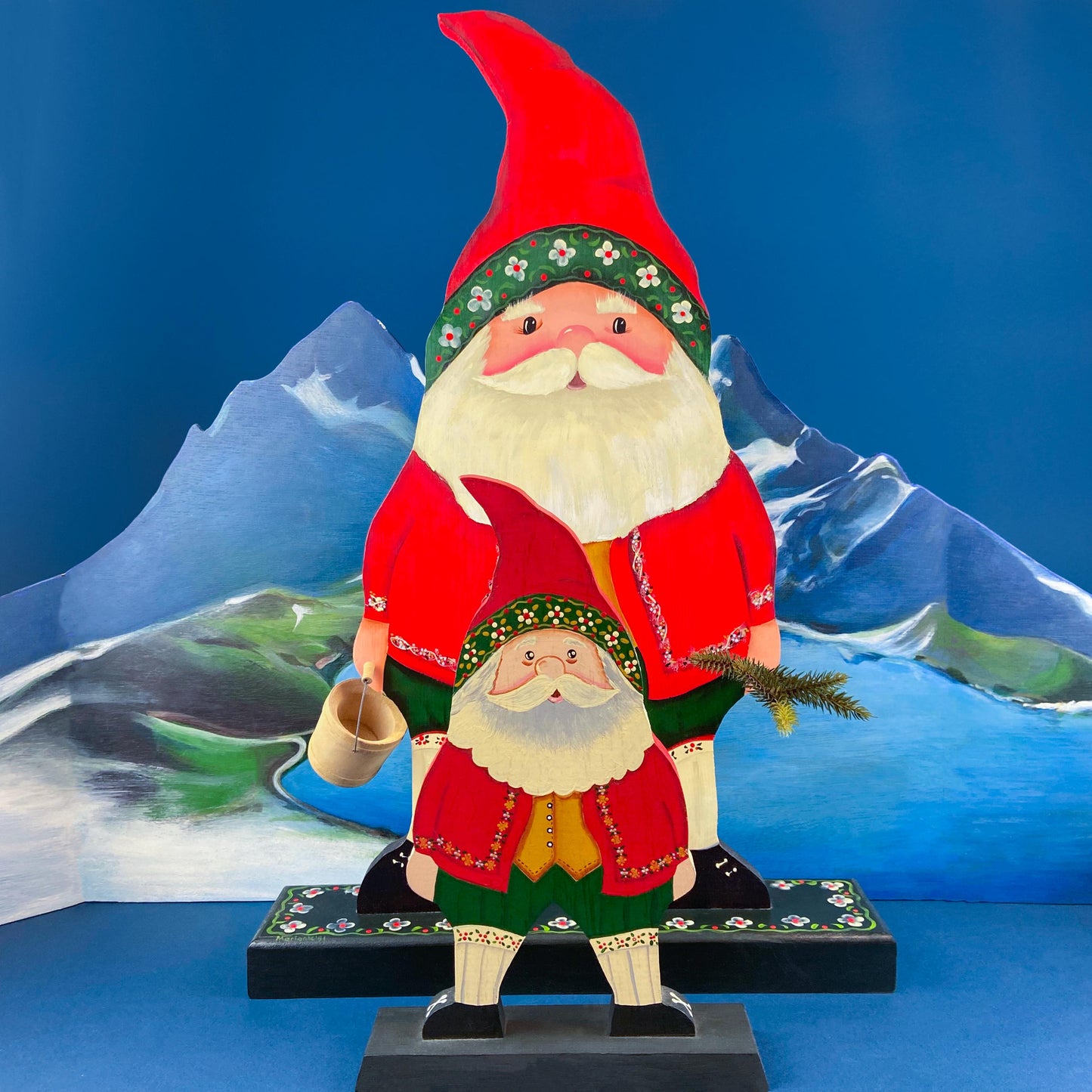 Two Large Hand-Painted on Wood German Santas or Elves. Rare Belsnickles in Traditional Folk  Dress. Nordic Christmas Decor. Home Retail Display.