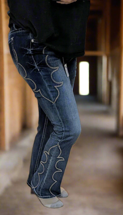 Grace in LA Simple Side Embroidered Mid-Rise Flare Jeans