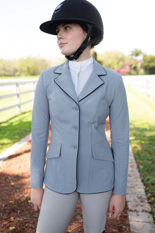 Grand Prix Ladies EQJ 3 Button Show Coat, Cadet Blue with Navy Piping