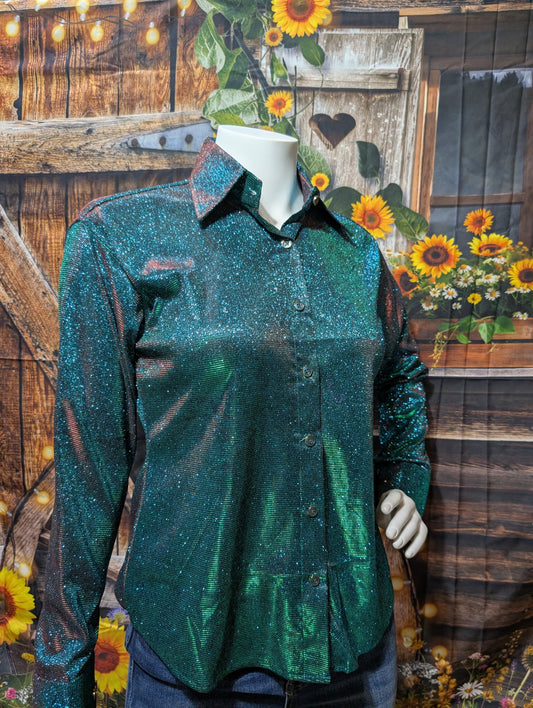 Green Sparkly Western Show Shirt – Eye-Catching Elegance for the Arena