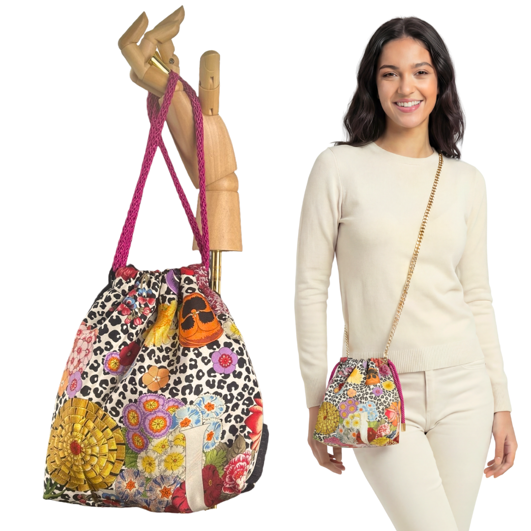 Floral Leopard Vintage Scarf Drawstring Crossbody Bag
