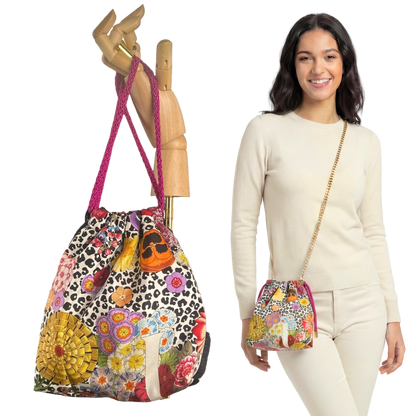 Floral Leopard Vintage Scarf Drawstring Crossbody Bag