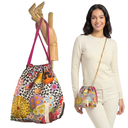 Floral Leopard Vintage Scarf Drawstring Crossbody Bag