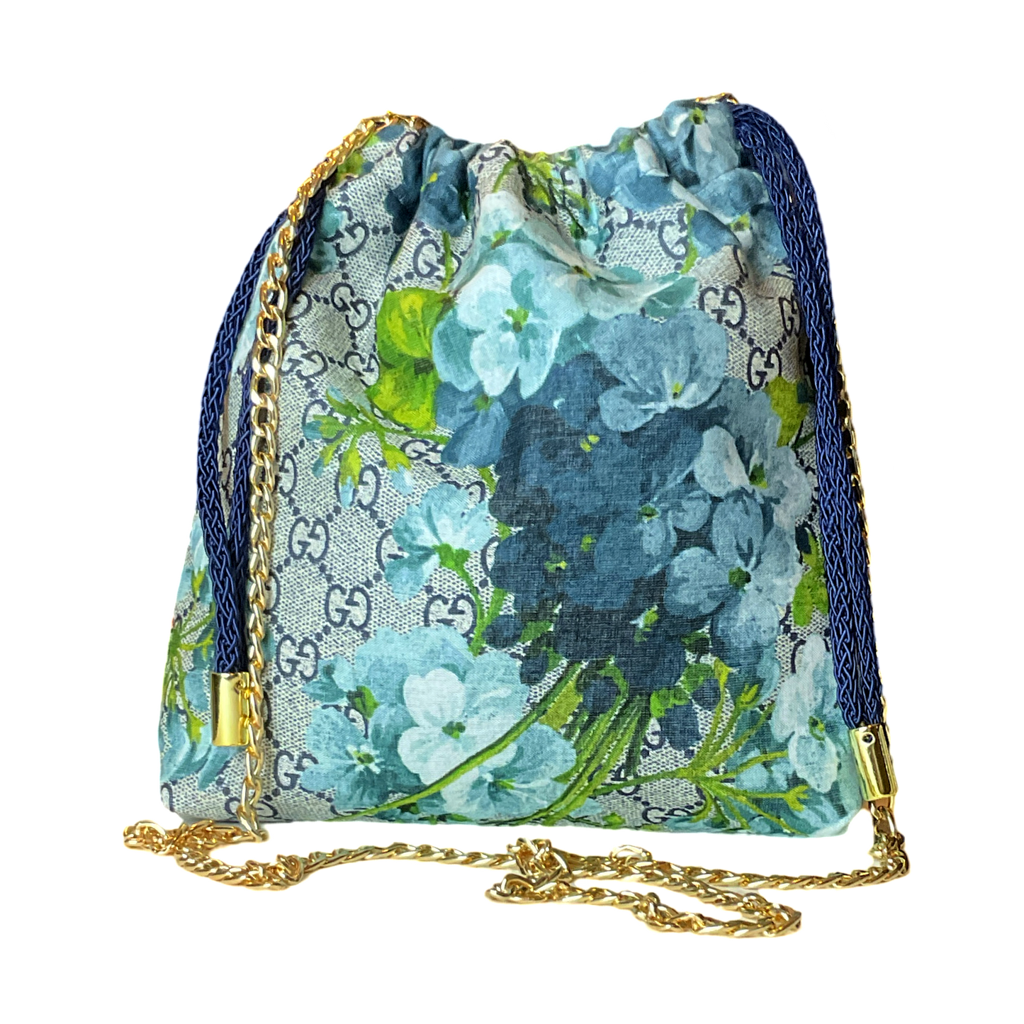 GG Logo Blooms Blue Vintage Scarf Drawstring Crossbody Bag