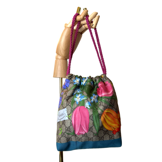 GG Logo Flora Vintage Scarf Drawstring Crossbody Bag