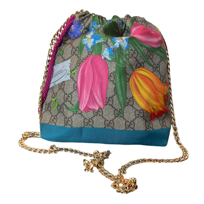 GG Logo Flora Vintage Scarf Drawstring Crossbody Bag