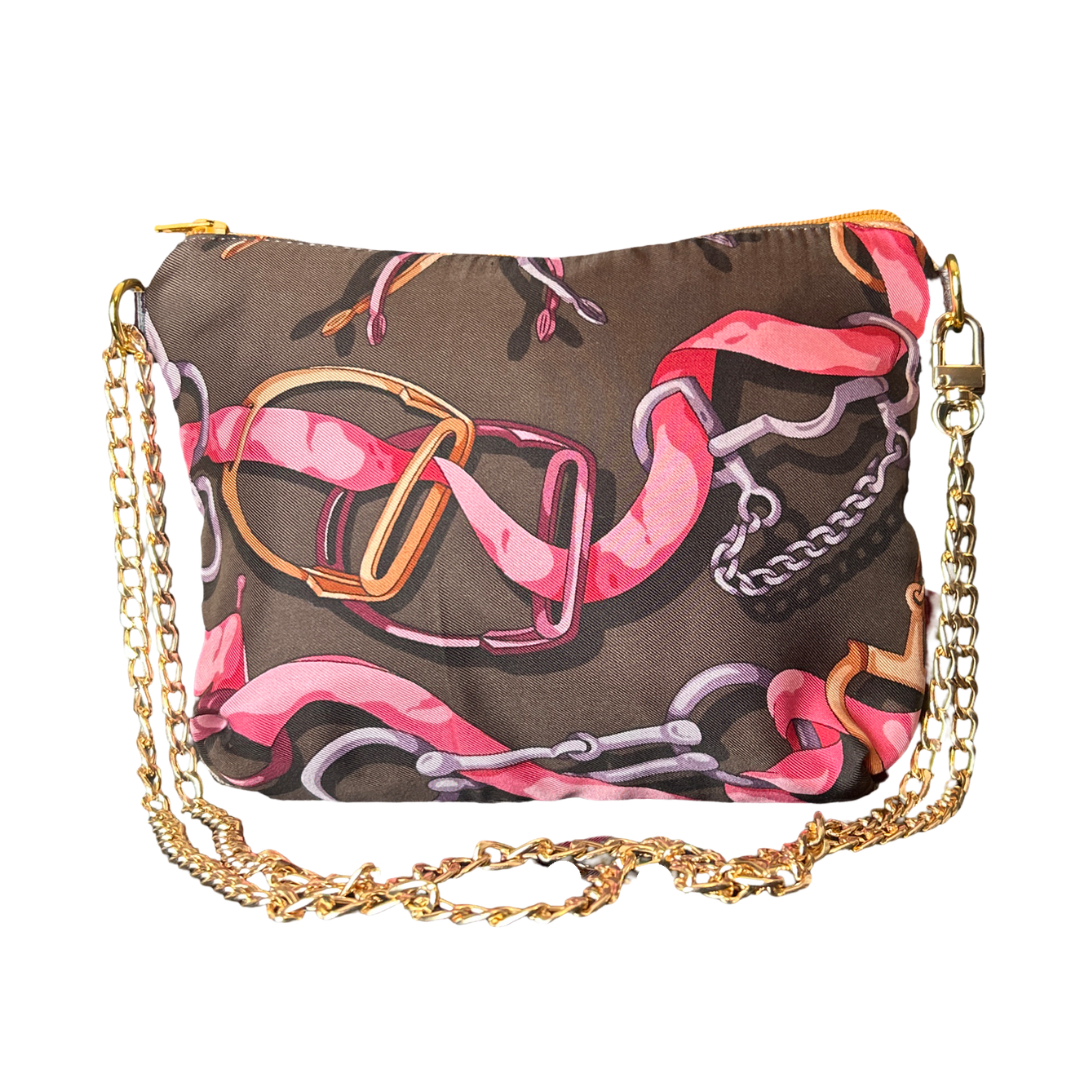 Horsebit Brown Vintage Silk Scarf Crossbody Bag