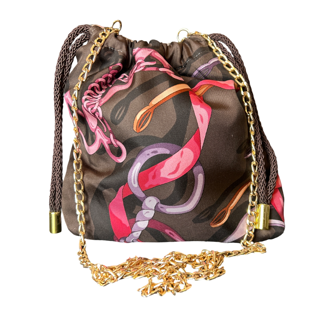 Horsebit Brown Vintage Silk Scarf Drawstring Crossbody Bag