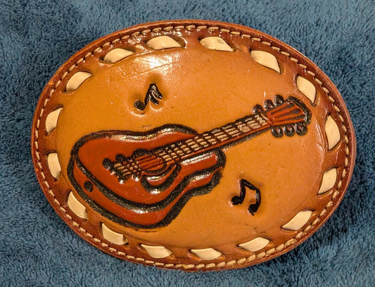 Vintage Genuine Leather Guitar Belt Buckle with Buckstitch – Western Music Design