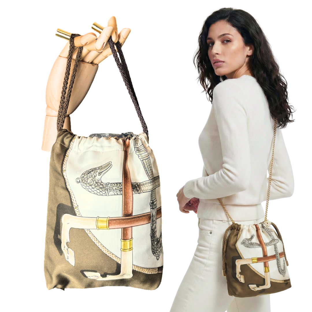 Cannes et Pommeaux Vintage Silk Scarf Drawstring Crossbody Bag