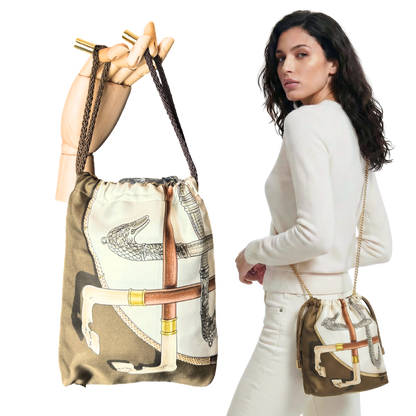 Cannes et Pommeaux Vintage Silk Scarf Drawstring Crossbody Bag