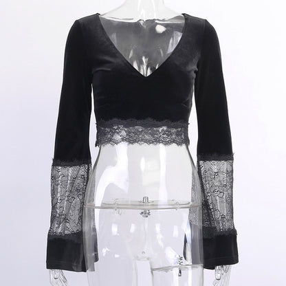 Ins Goth Sexy Women Gothic Crop Top Flare Long Sleeve Lace Hollow Out Black  V-neck T-shirt
