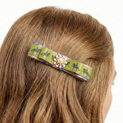 Equestrian Print Silk Necktie Hair Clip