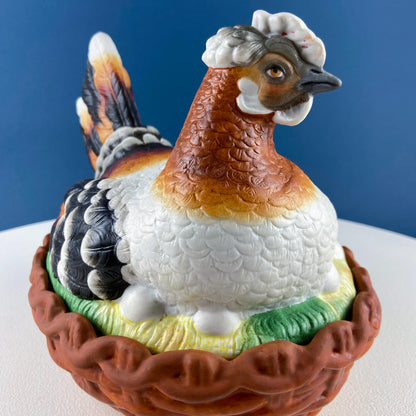 Hand Painted Large Hen in a Basket Covered Serving Bowl. Rare Ceramic Chicken Sitting on Eggs Butter Bowl with Lid. Dining Room Decor