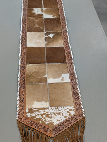 Genuine Cowhide Table Runner – Western Elegance with Leather Detail