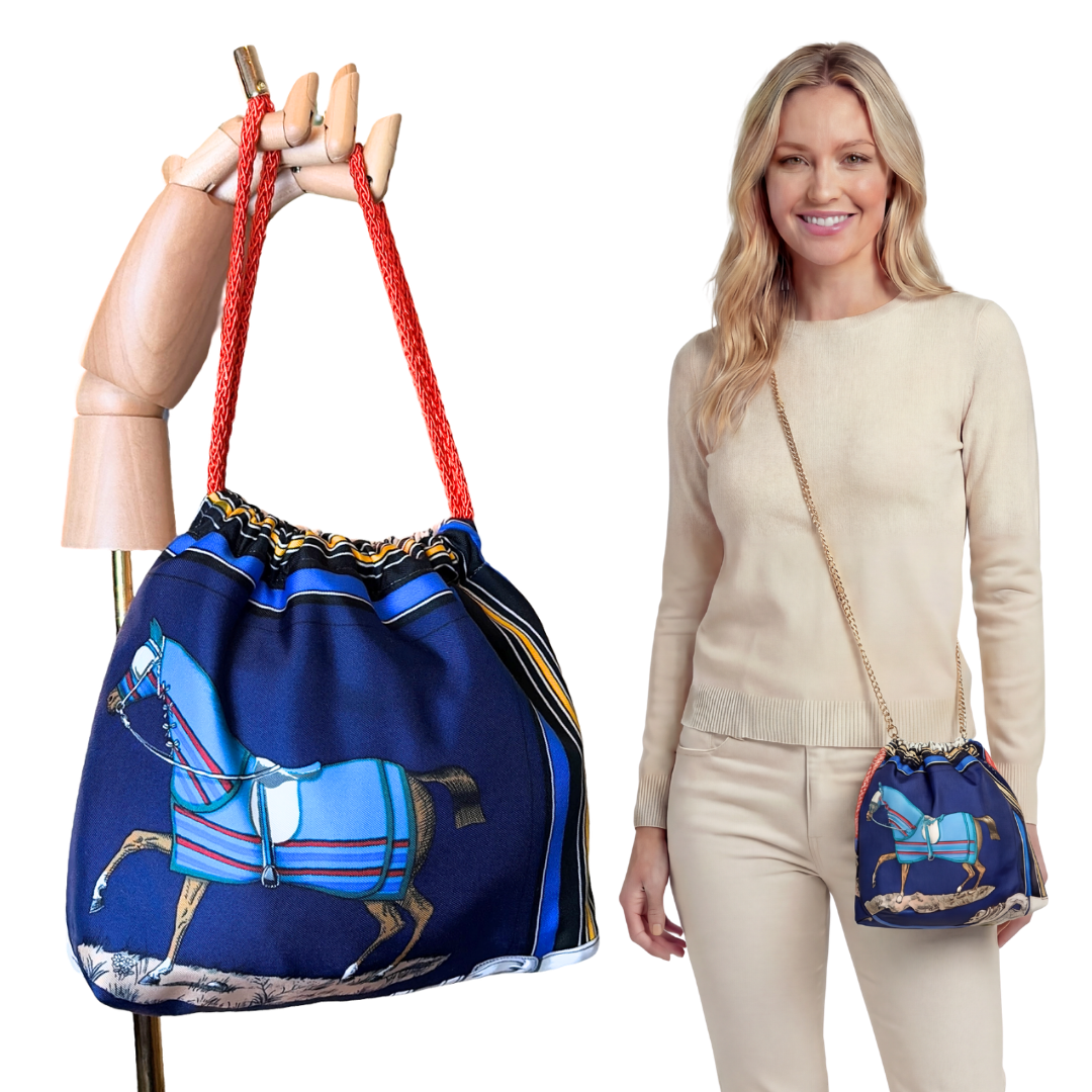 Couvertures et Tenues du Jour Blue Vintage Silk Scarf Drawstring Crossbody Bag