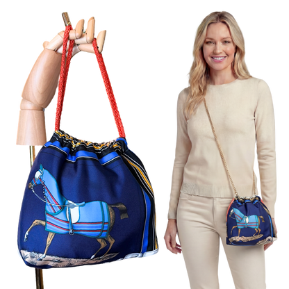 Couvertures et Tenues du Jour Blue Vintage Silk Scarf Drawstring Crossbody Bag
