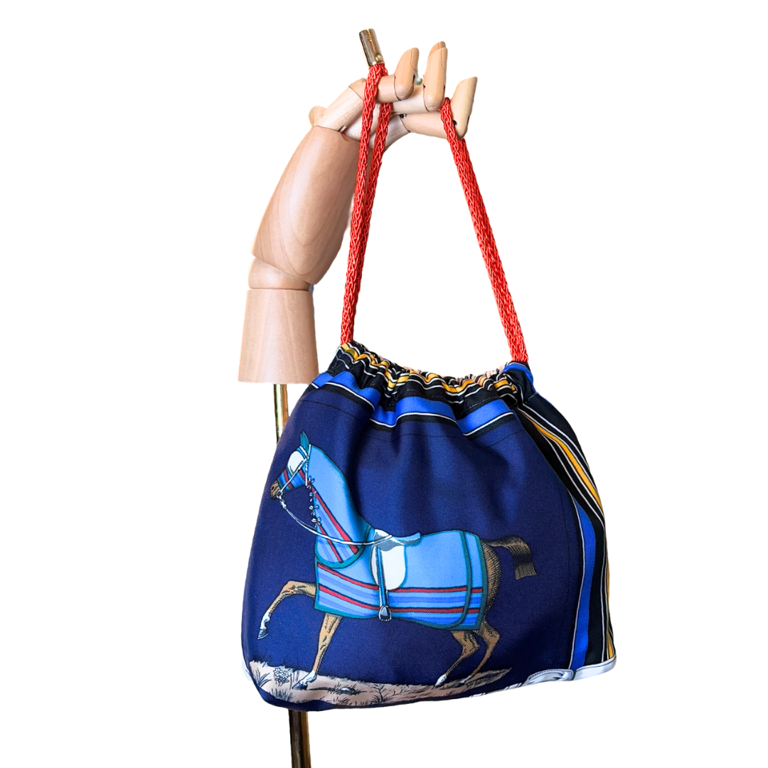 Couvertures et Tenues du Jour Blue Vintage Silk Scarf Drawstring Crossbody Bag