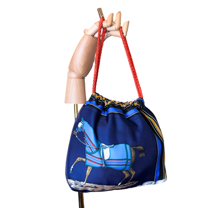 Couvertures et Tenues du Jour Blue Vintage Silk Scarf Drawstring Crossbody Bag
