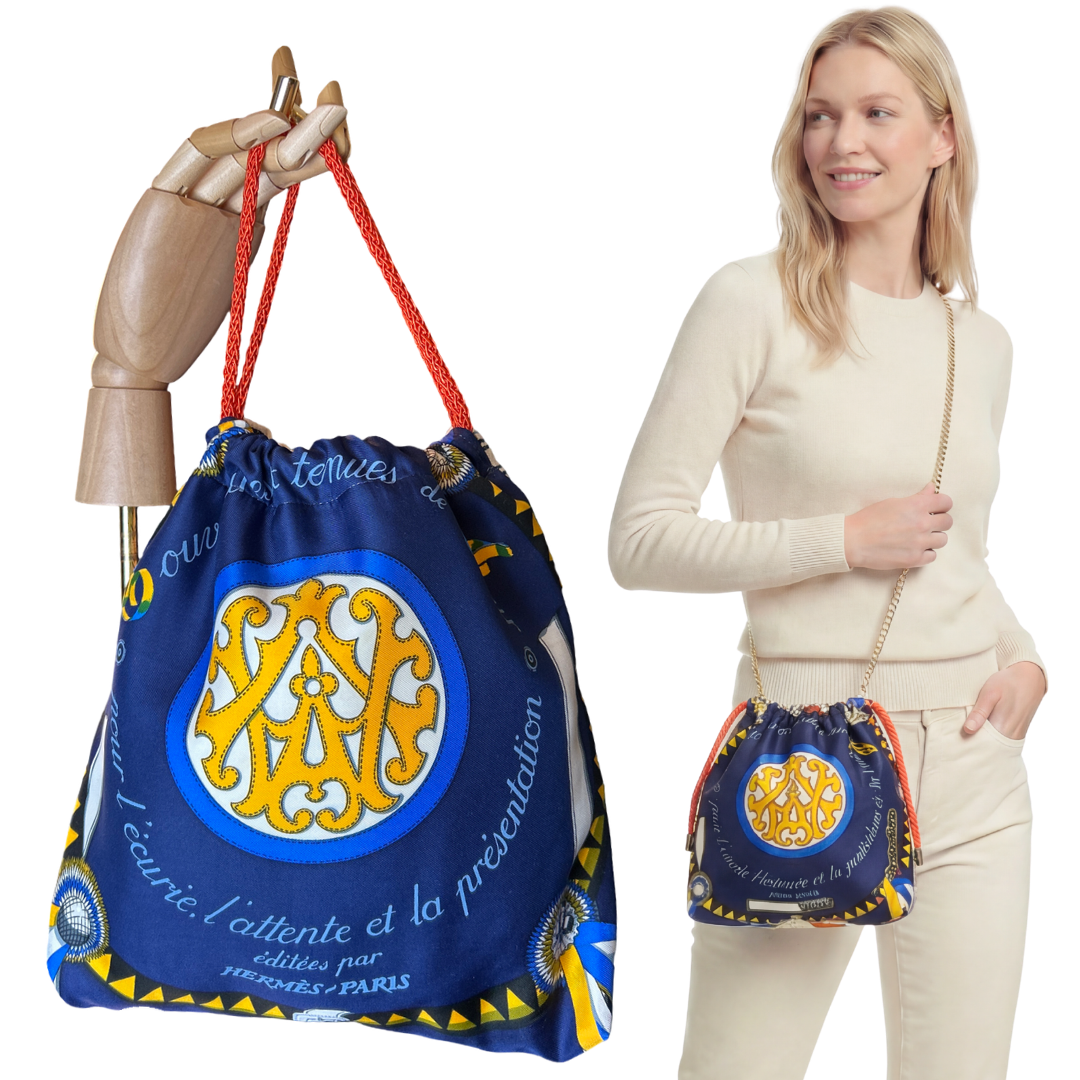 Couvertures et Tenues du Jour Blue Vintage Silk Scarf Drawstring Crossbody Bag