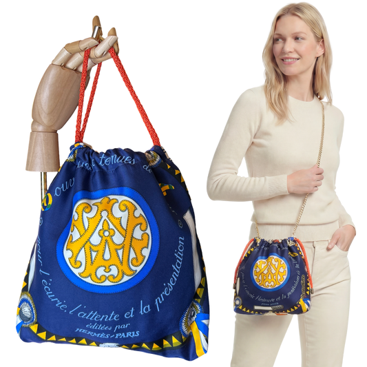 Couvertures et Tenues du Jour Blue Vintage Silk Scarf Drawstring Crossbody Bag