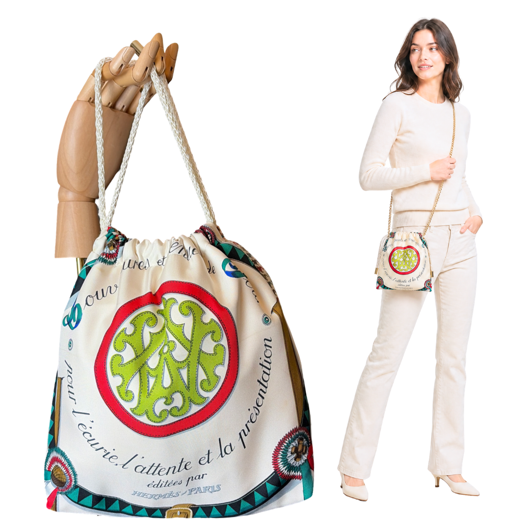 Couvertures et Tenues du Jour Ivory Vintage Silk Scarf Drawstring Crossbody Bag