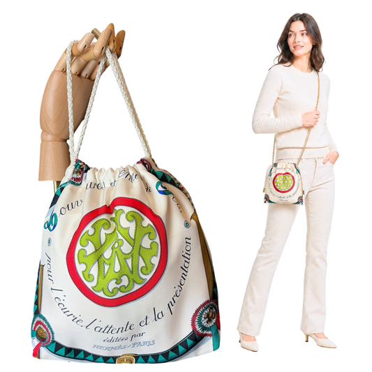 Couvertures et Tenues du Jour Ivory Vintage Silk Scarf Drawstring Crossbody Bag
