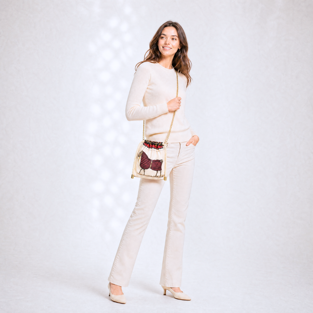 Couvertures et Tenues du Jour Ivory Vintage Silk Scarf Drawstring Crossbody Bag