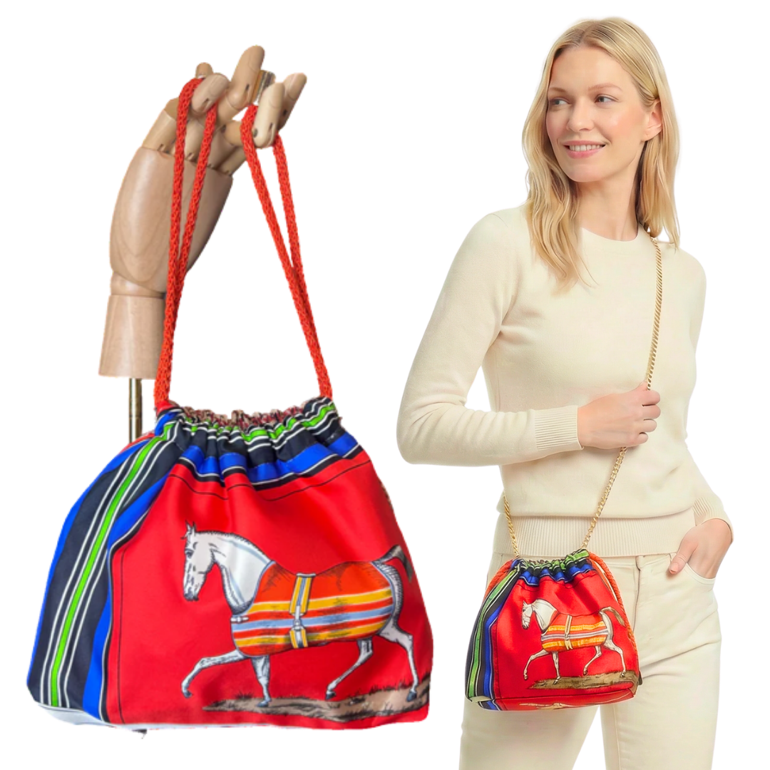 Couvertures et Tenues du Jour Red Vintage Silk Scarf Drawstring Crossbody Bag