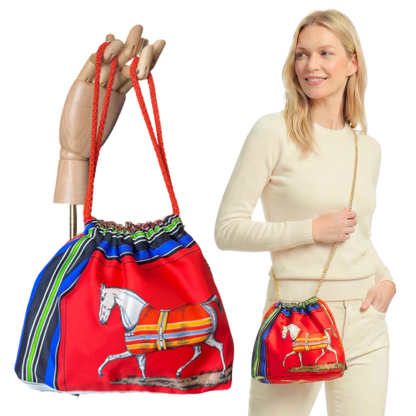 Couvertures et Tenues du Jour Red Vintage Silk Scarf Drawstring Crossbody Bag
